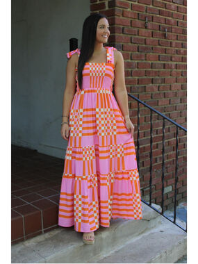 T&C Apparel Maxi Dress XL Pink Orange Checkered Sleeveless